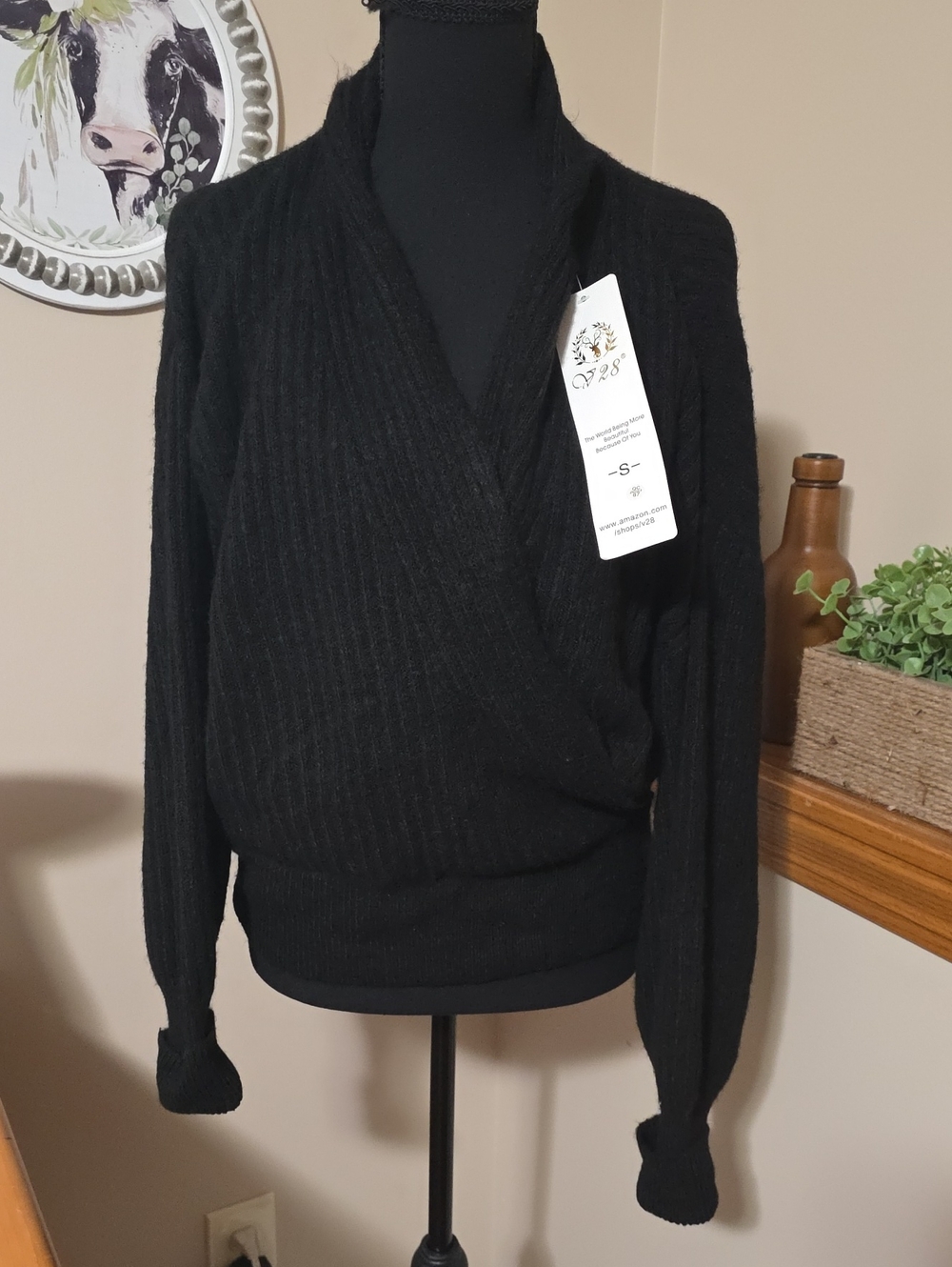 V28 Ribbed Wrap-Front V-Neck Sweater - Black